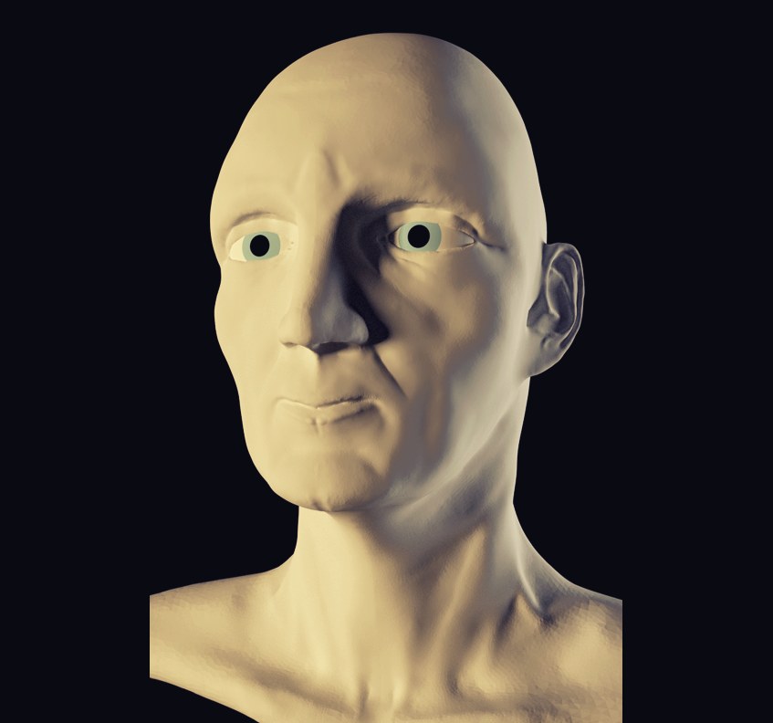 A sculpted 3D head, an older man with a furrowed brow, rendered on black