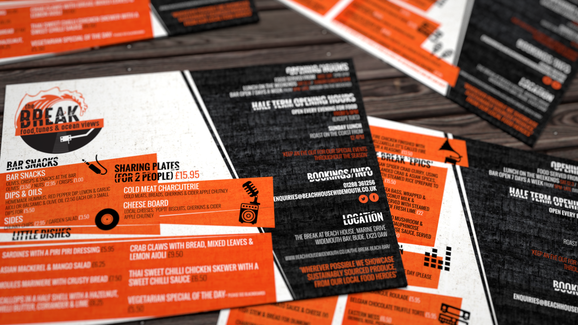 The Break beach bar menus from 2016: orange, black and white with music icons
