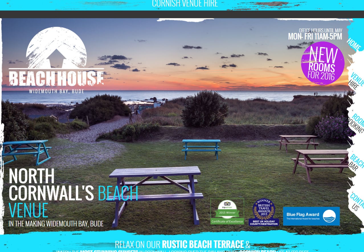 The 2016 Beach House website, the sunset terrace hero: full-bleed photo, brush-stroke edges and bold type