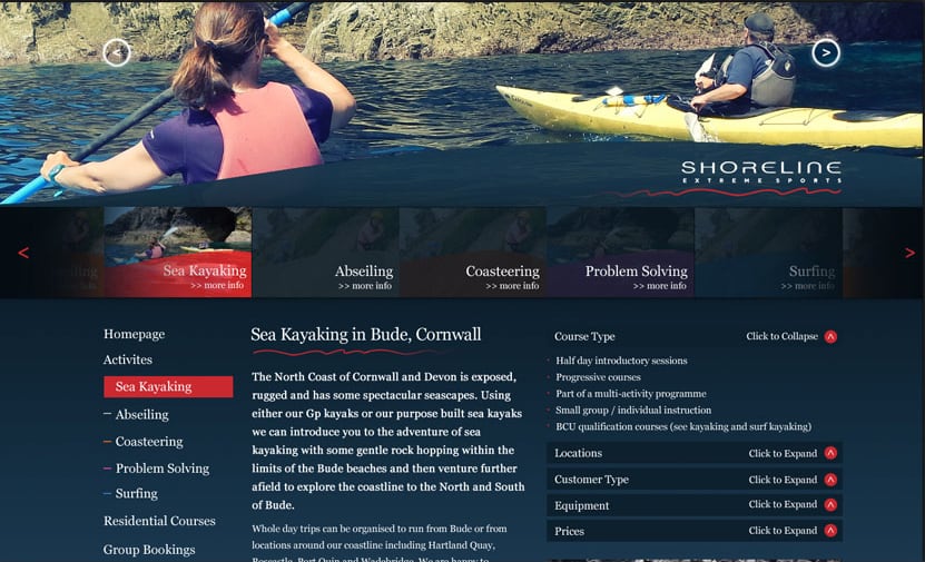 Outdoor Pursuits and Extreme Sports Website Design in Bude Cornwall, part 1 of 2
