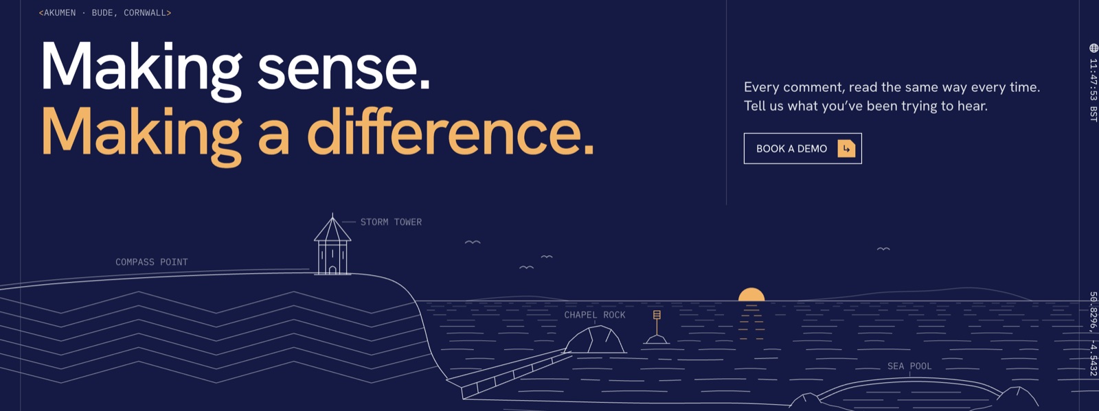 Akumen website closing section: Making sense. Making a difference. Over a line drawing of the Bude coastline