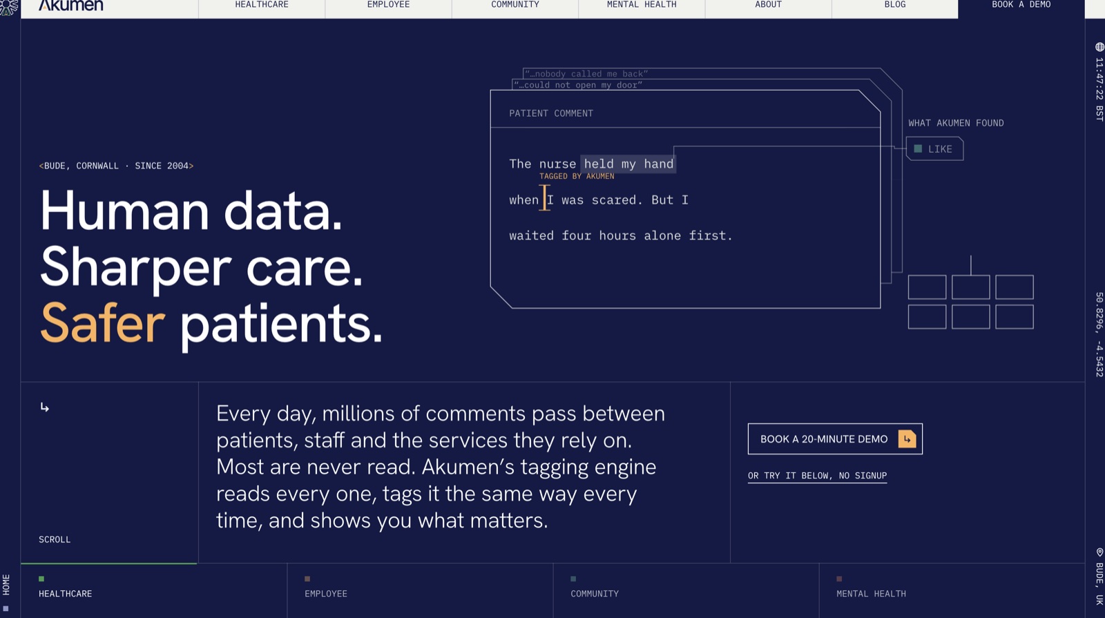 Akumen website hero: Human data. Sharper care. Safer patients. A patient comment being tagged as it is typed
