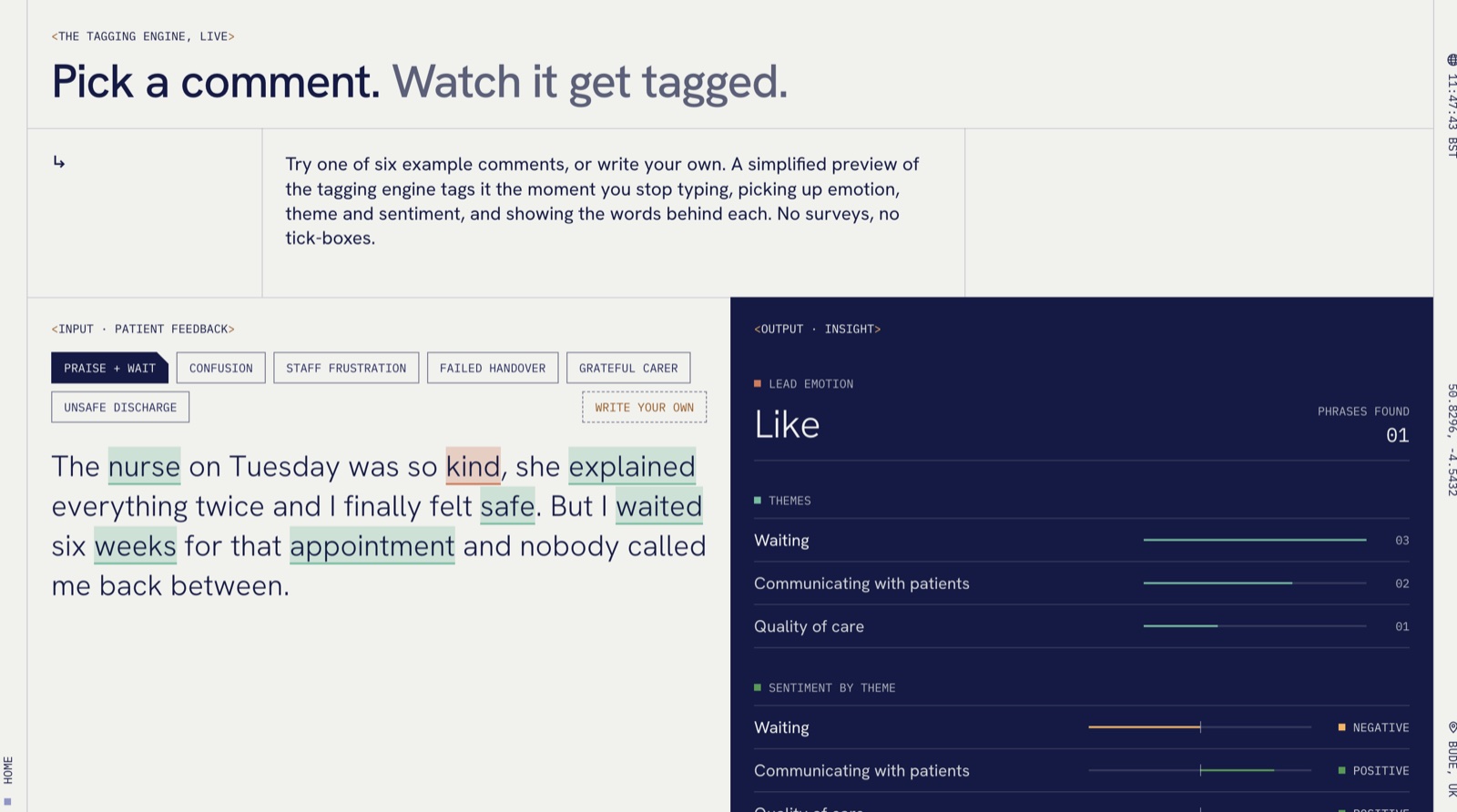 Akumen website live demo: pick an example comment and watch its emotion, themes and sentiment get tagged