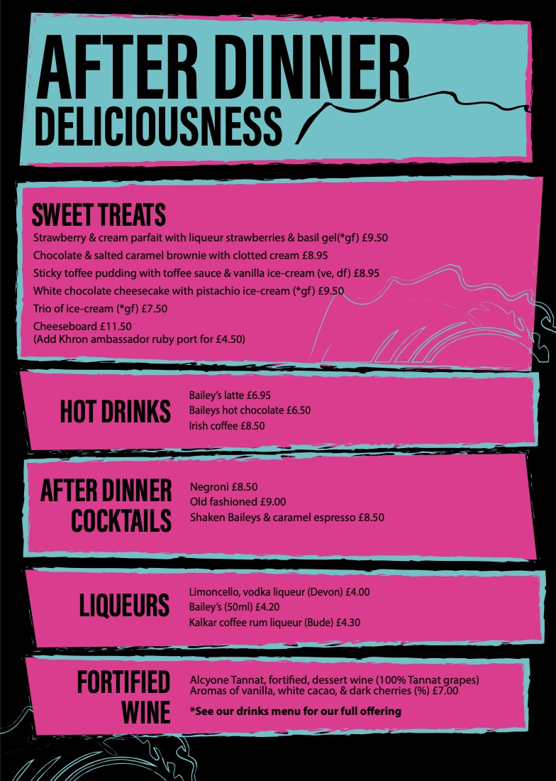 Beach House after-dinner menu: hand-drawn teal and pink panels for sweets, hot drinks, cocktails and liqueurs