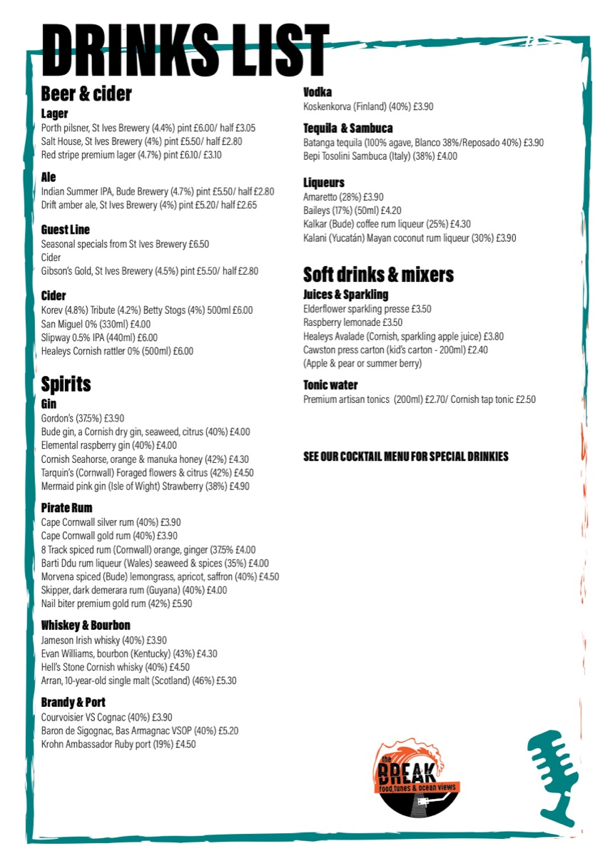 Beach House drinks list in a hand-drawn teal frame
