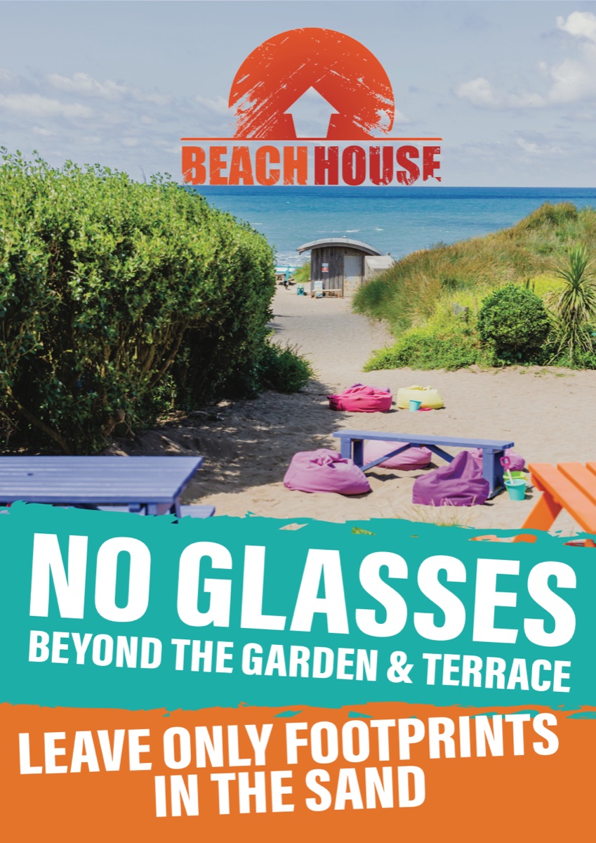 No glasses beyond the garden and terrace poster over a photo of the beach path