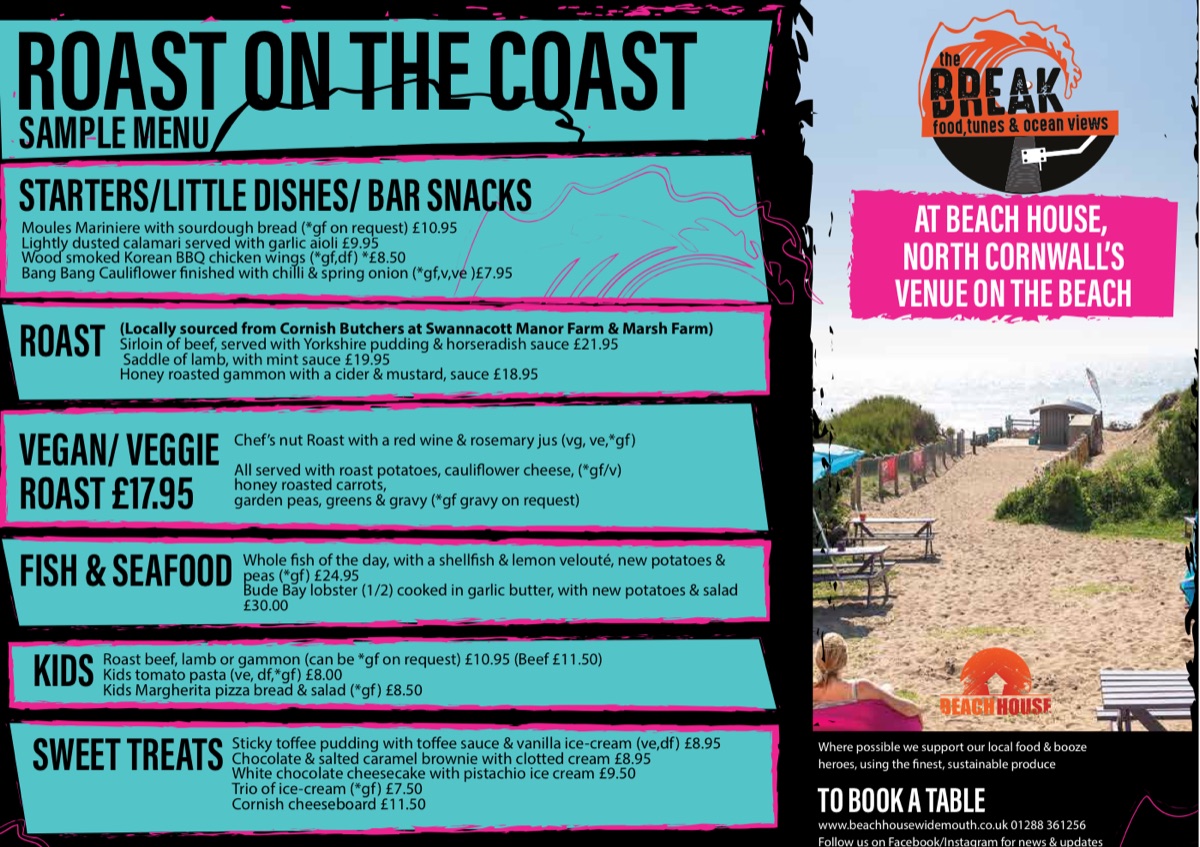 Roast on the Coast sample menu with The Break logo and a view down to the beach