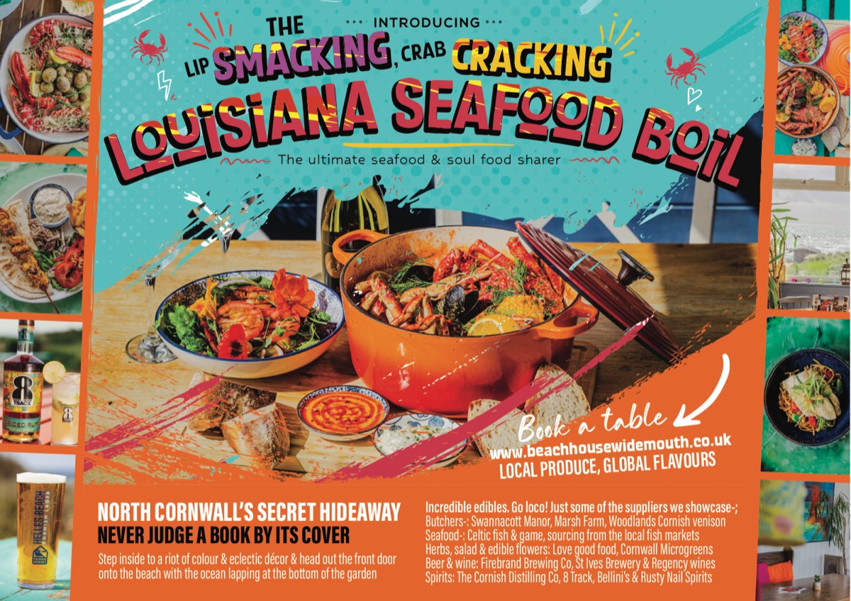 Louisiana Seafood Boil A4 promo for the Beach House: hand-lettered headline over a seafood pot, framed by food and drink photos