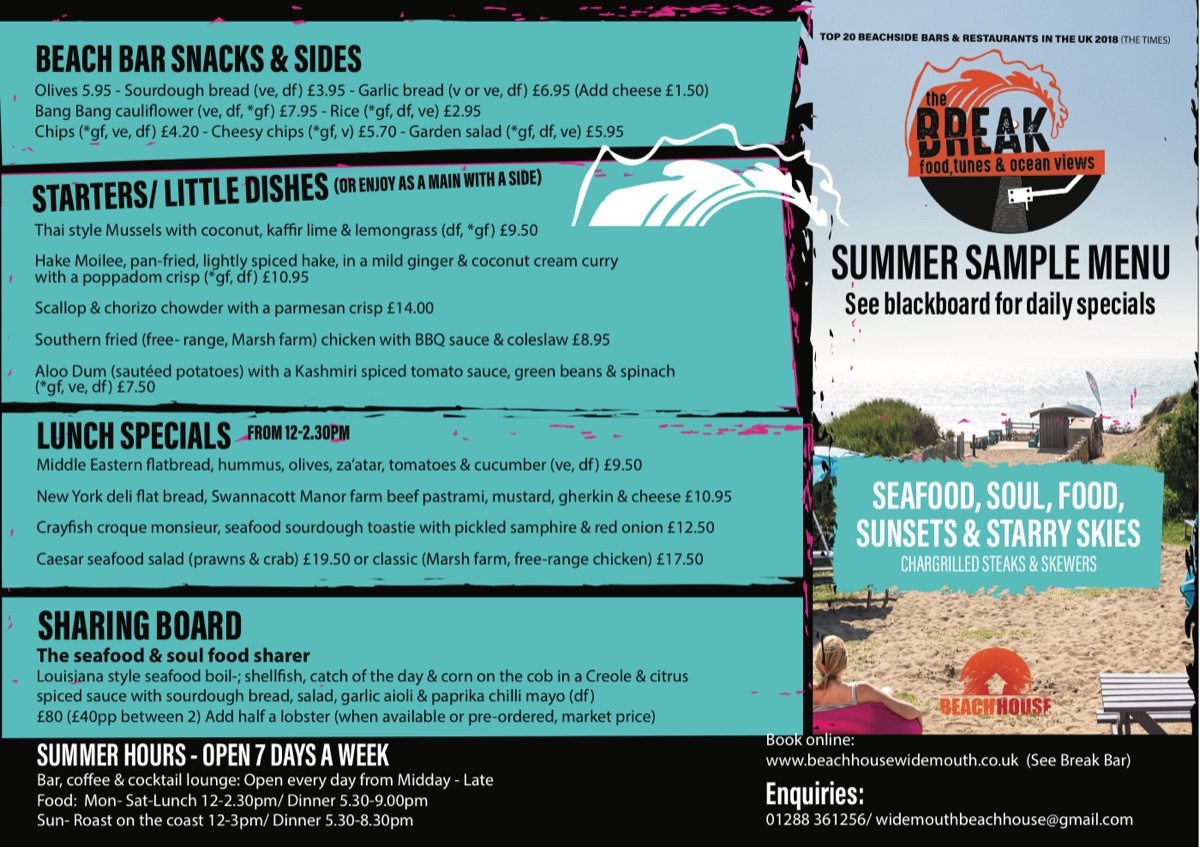 Summer sample menu for The Break at Beach House: teal brush-stroke panels beside a beach photo