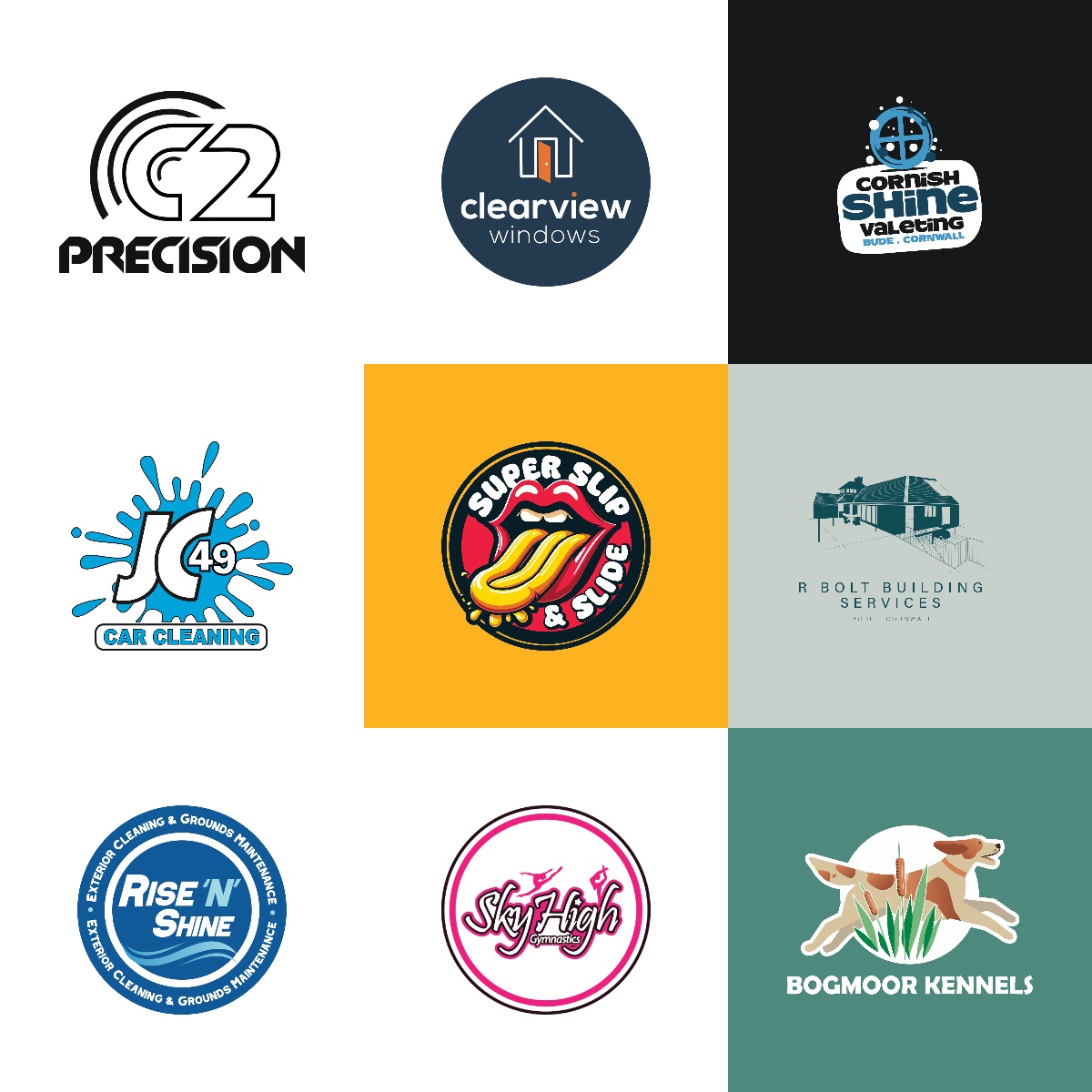 Nine logos on their own colours: C2 Precision, Clearview Windows, Cornish Shine Valeting, JC49 Car Cleaning, Super Slip and Slide, R Bolt Building Services, Rise N Shine, Sky High Gymnastics and Bogmoor Kennels