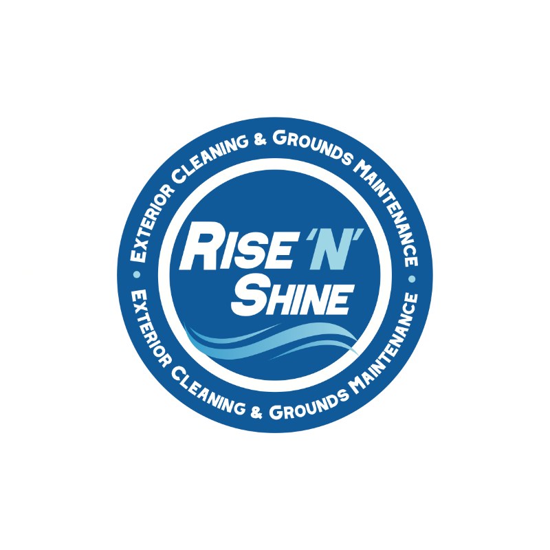Rise N Shine logo: a blue roundel with the name over a wave, exterior cleaning and grounds maintenance around the rim
