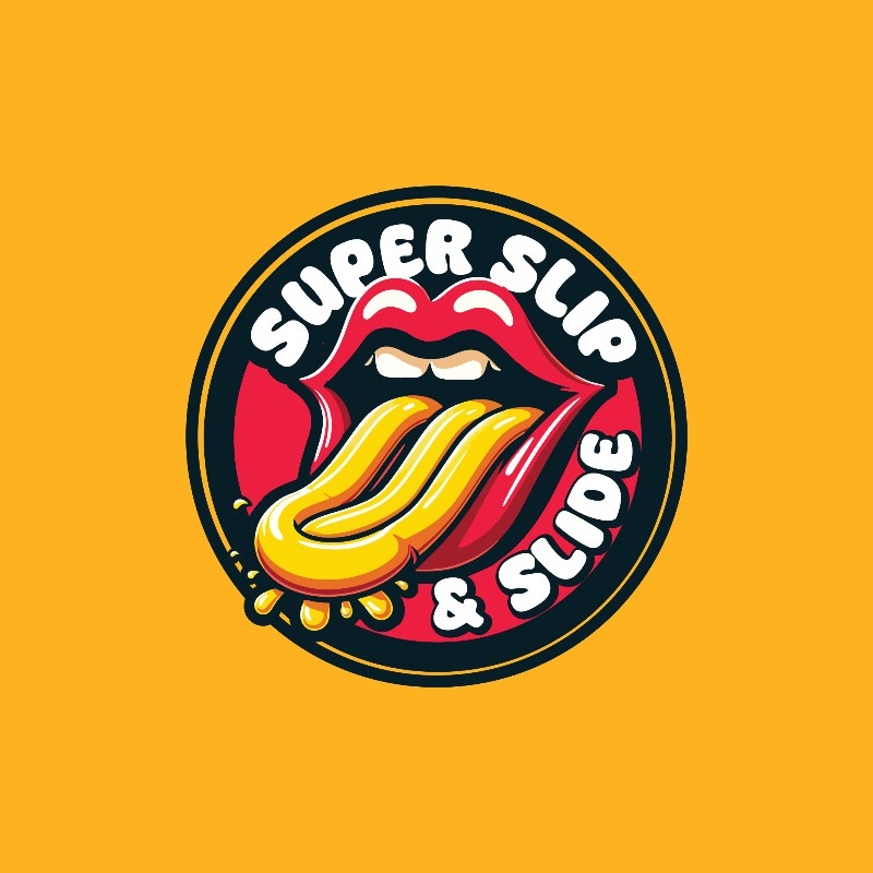 Super Slip and Slide logo: a red mouth with a yellow slide for a tongue, in a black ring on yellow