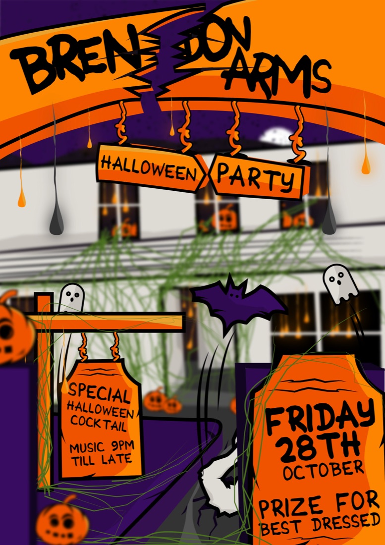Brendon Arms Halloween party poster in orange and purple with bats, ghosts and pumpkins
