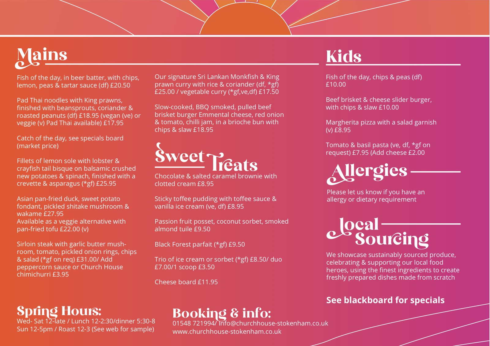 Church House summer menu: mains, sweet treats, kids, allergies and local sourcing on a sunrise gradient