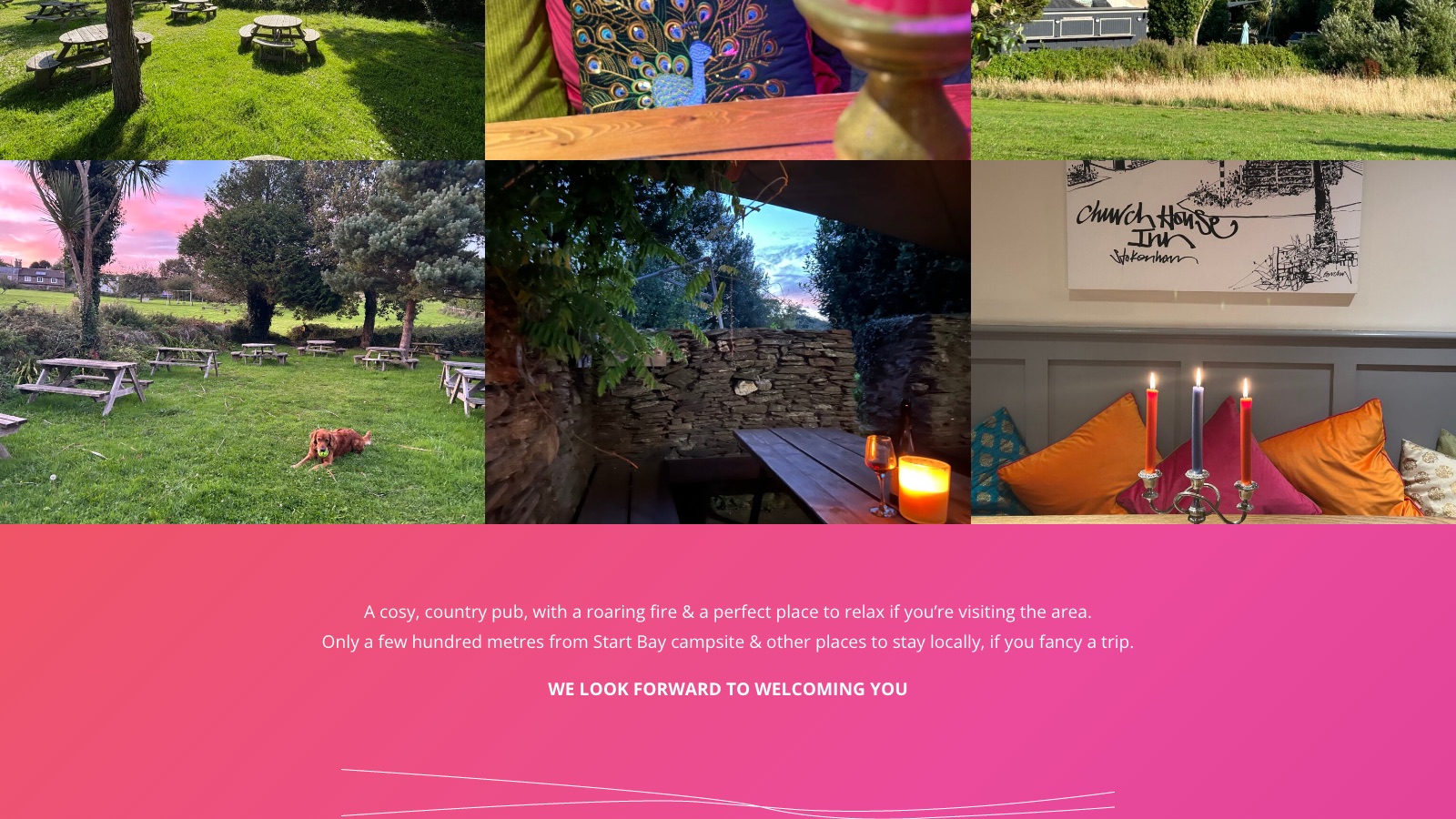 Church House website: a grid of beer garden, fireside and candlelit photos above a pink gradient band