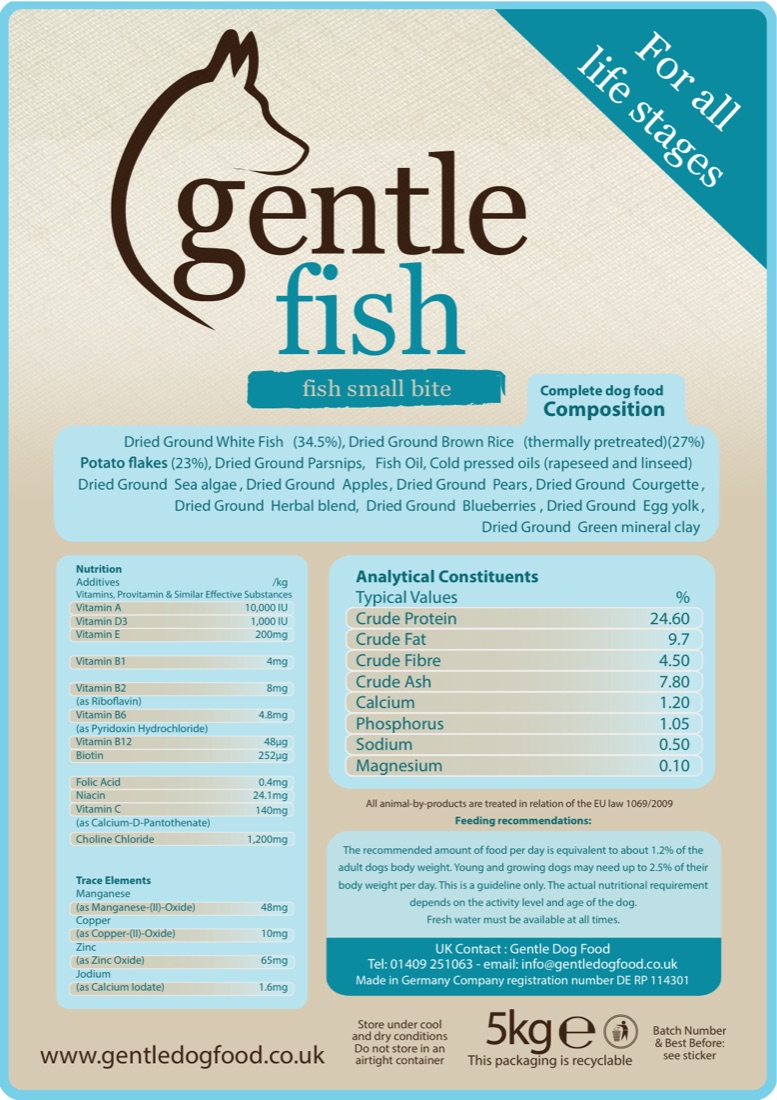 Label for 5kg bags of Gentle fish small bite: the logo on a pale ground with blue nutrition panels