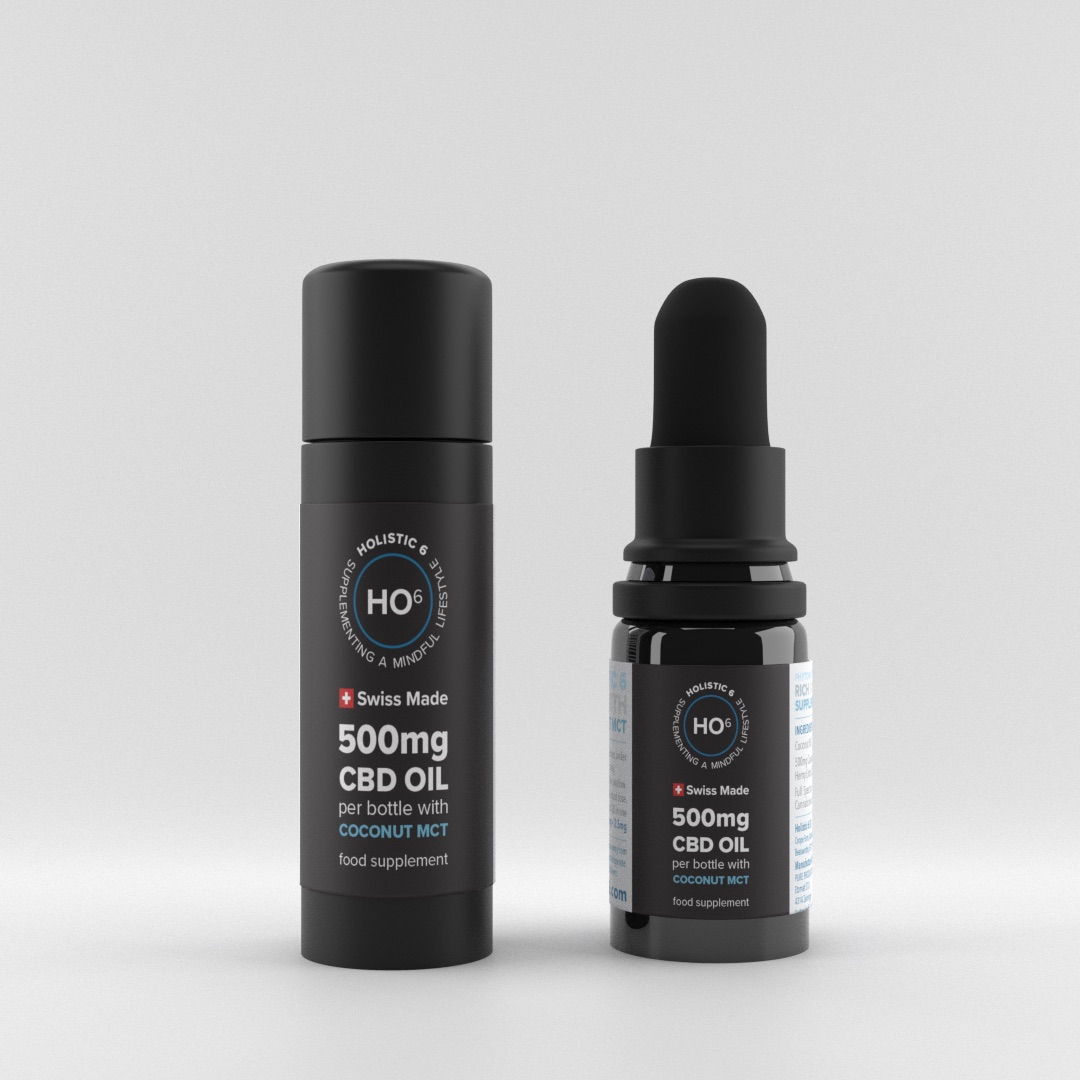 Photoreal render of a Holistic6 500mg CBD oil: the black tube and the dropper bottle side by side