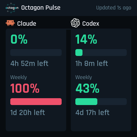 Octagon Pulse with Claude and Codex usage side by side
