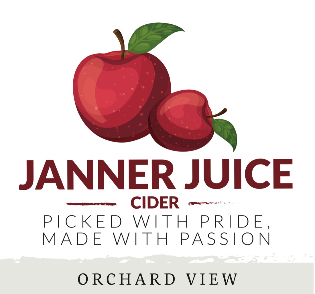 Janner Juice cider label: two red apples over Picked with pride, made with passion