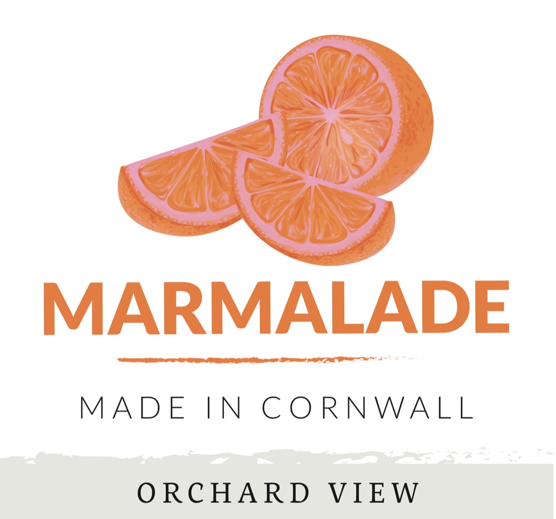 Marmalade label: sliced oranges over Made in Cornwall and the Orchard View band