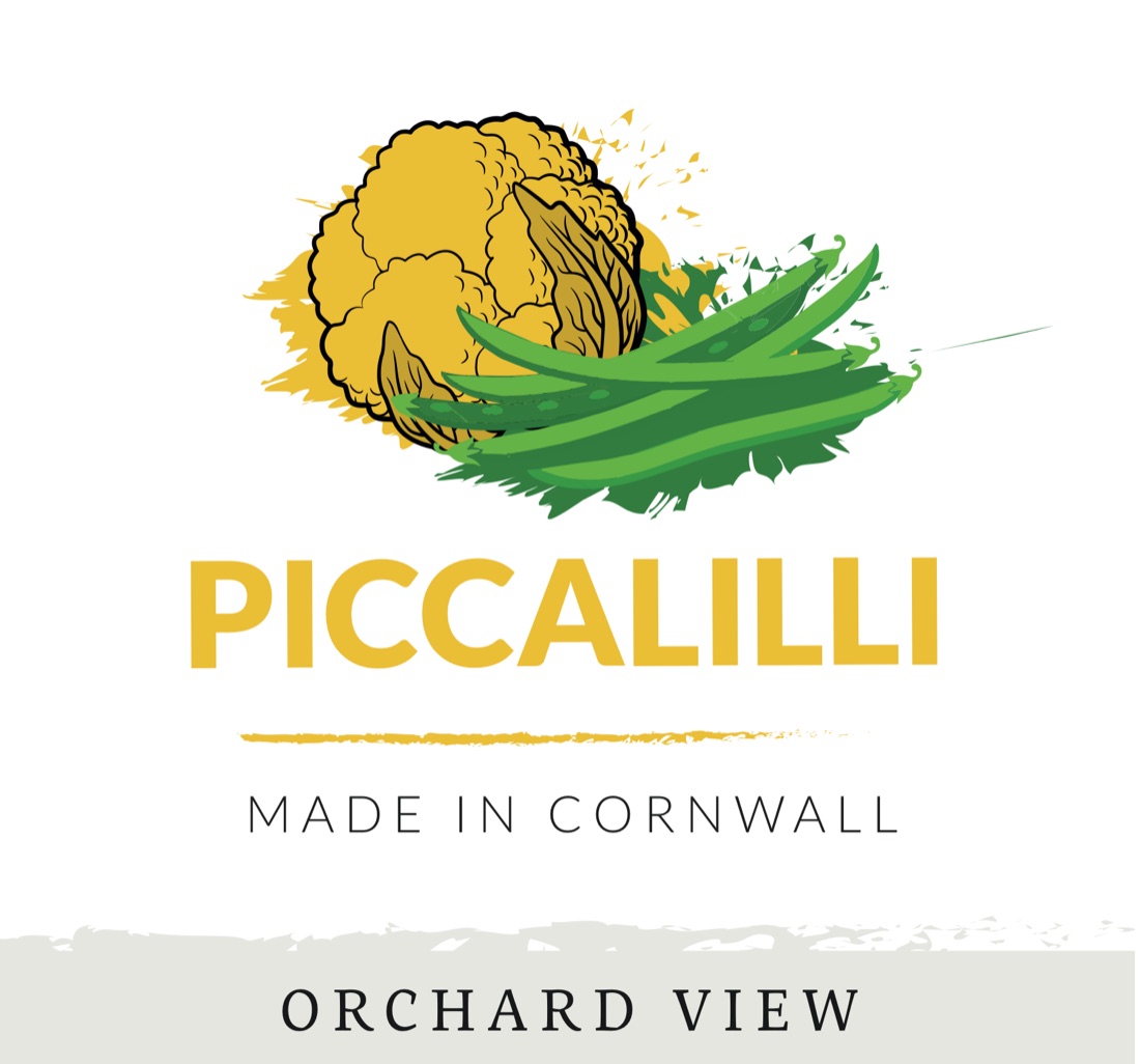 Piccalilli label: cauliflower and green beans in mustard yellow