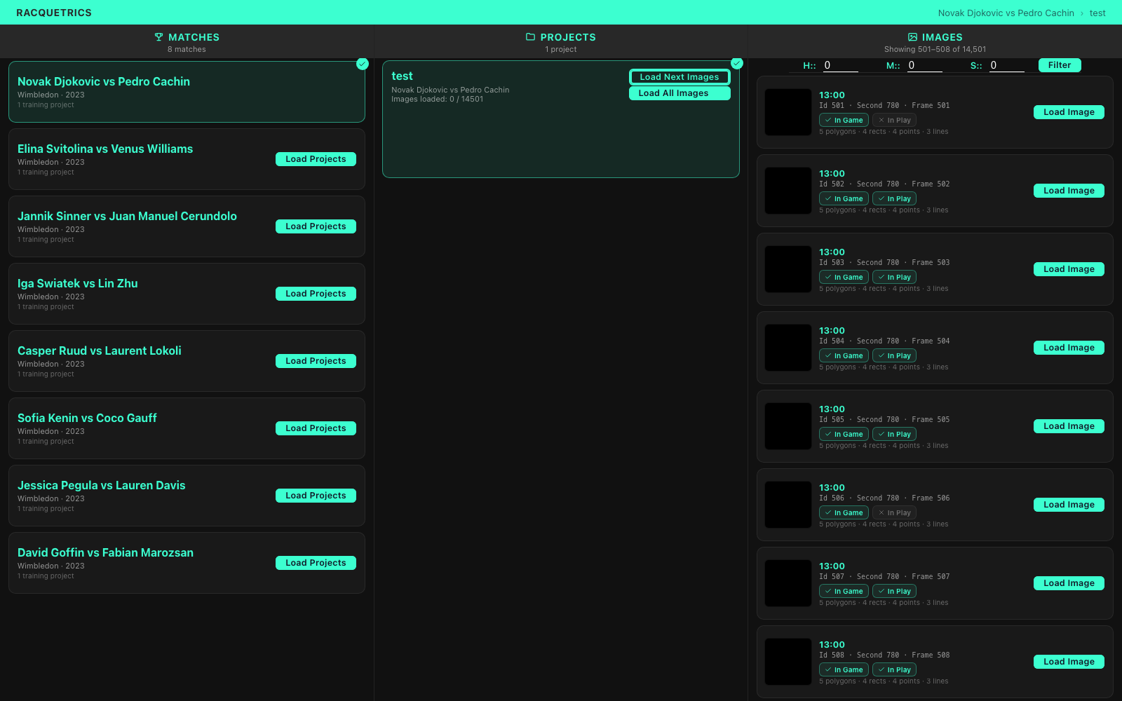 Racquetrics annotation tool: match list, training projects and frame queue